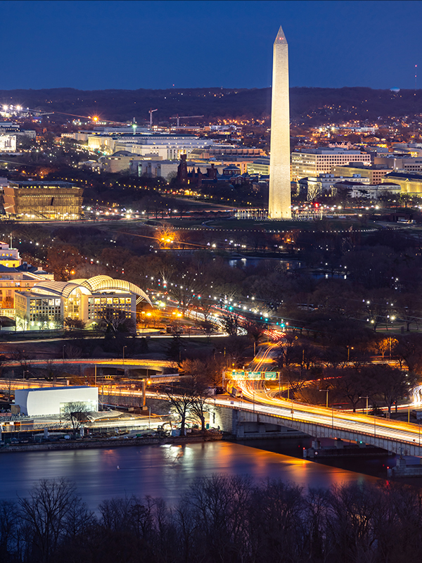 Aerial view of Washington DC cityscape from Arlington Virginia USA.