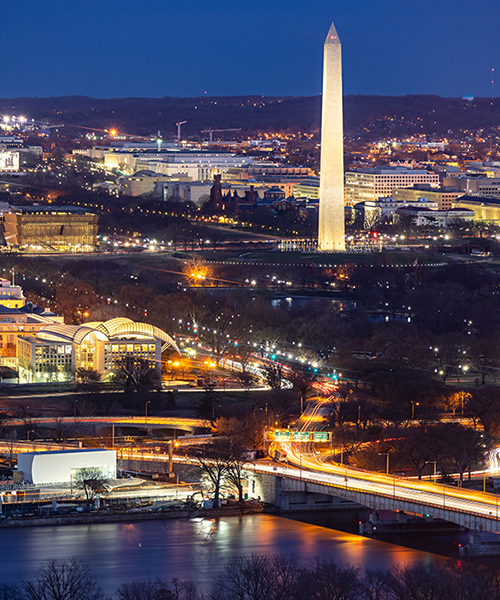 Aerial view of Washington DC cityscape from Arlington Virginia USA.