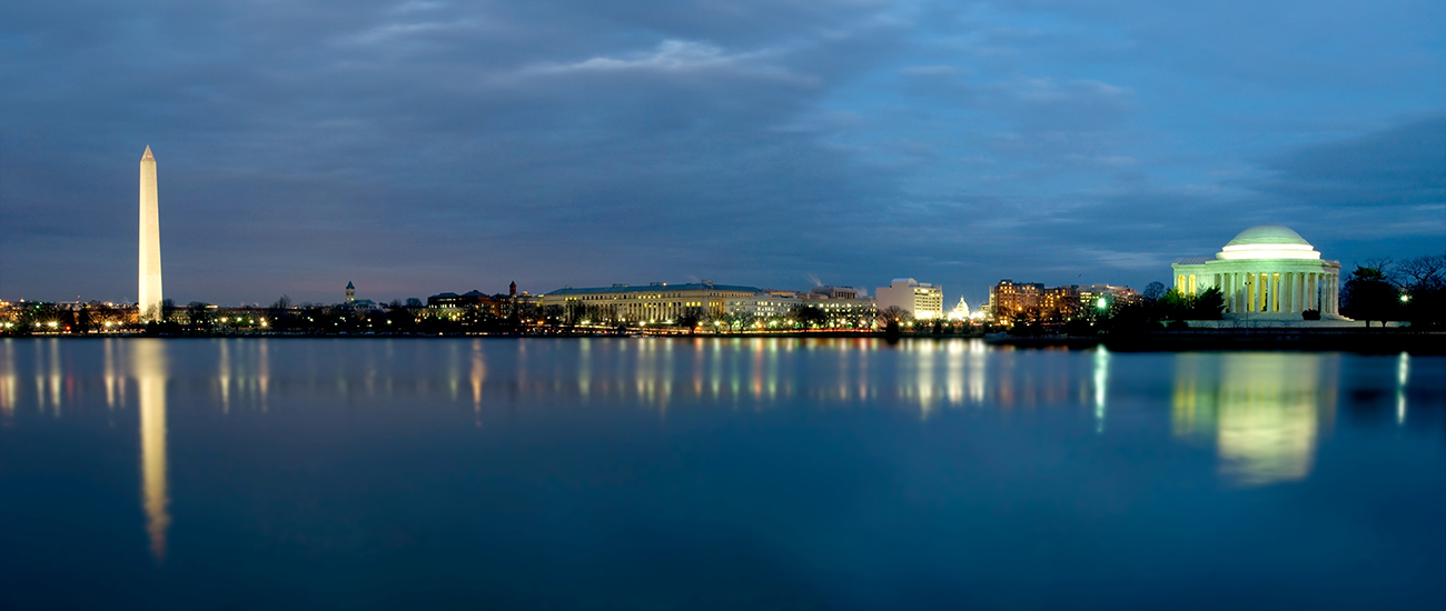 Evening view of the Washington Monument and Jefferson Memorial